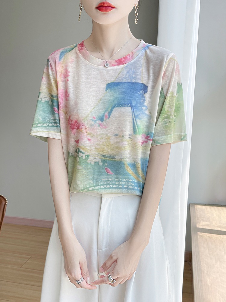Vintage Tie-Dye Round-Neck T-Shirt for Women, Artistic Gradient Short Sleeves, Spring/Summer Unique Design Versatile Top