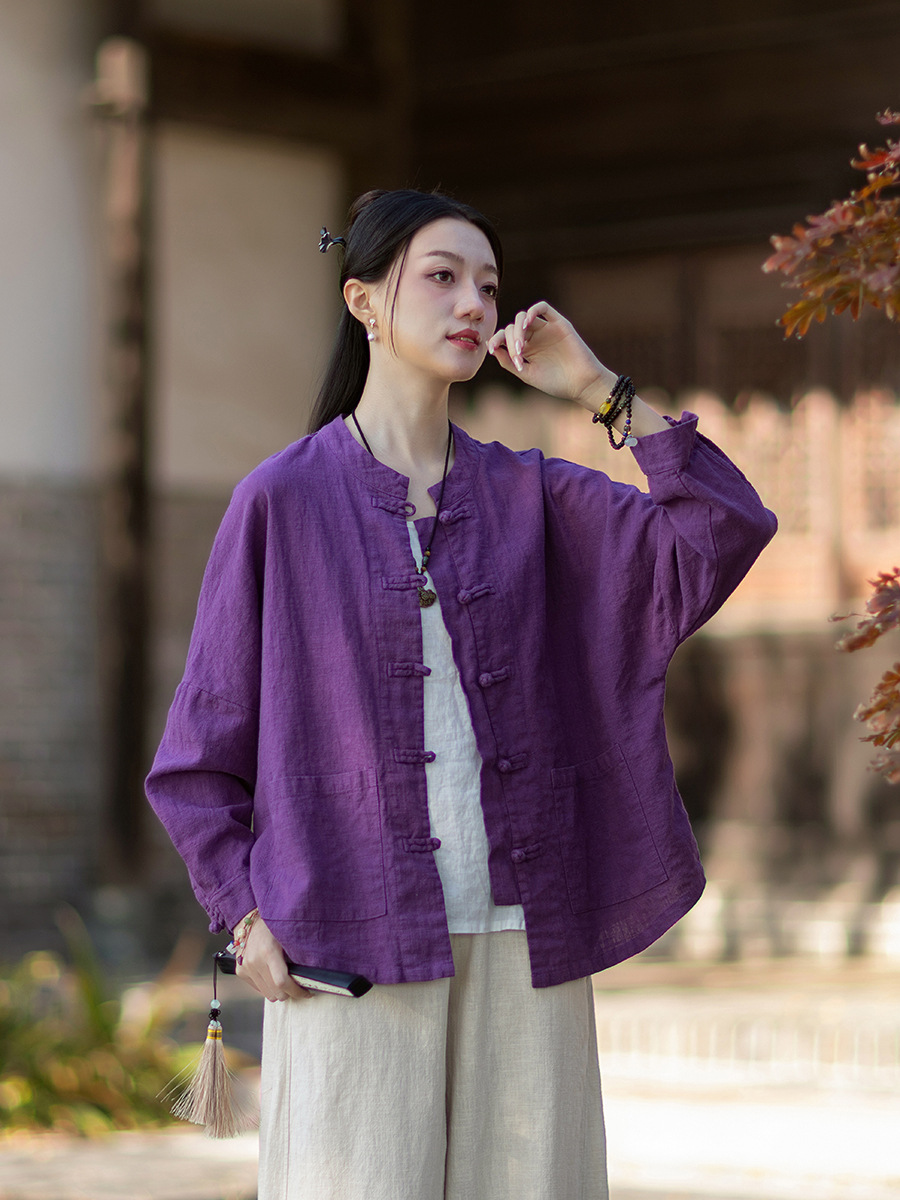 2026 New Cotton and Linen Jacket Long-Sleeve Shirt for Women, Chinese Style Stand Collar, Button-Front, Loose Ramie Top