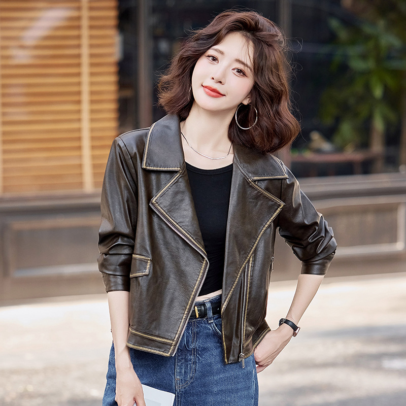 High-End Retro Short Leather Jacket 2025 Spring and Autumn New Model Haining Motorcycle Sheepskin Casual Fashionable Leather Jacket Coat