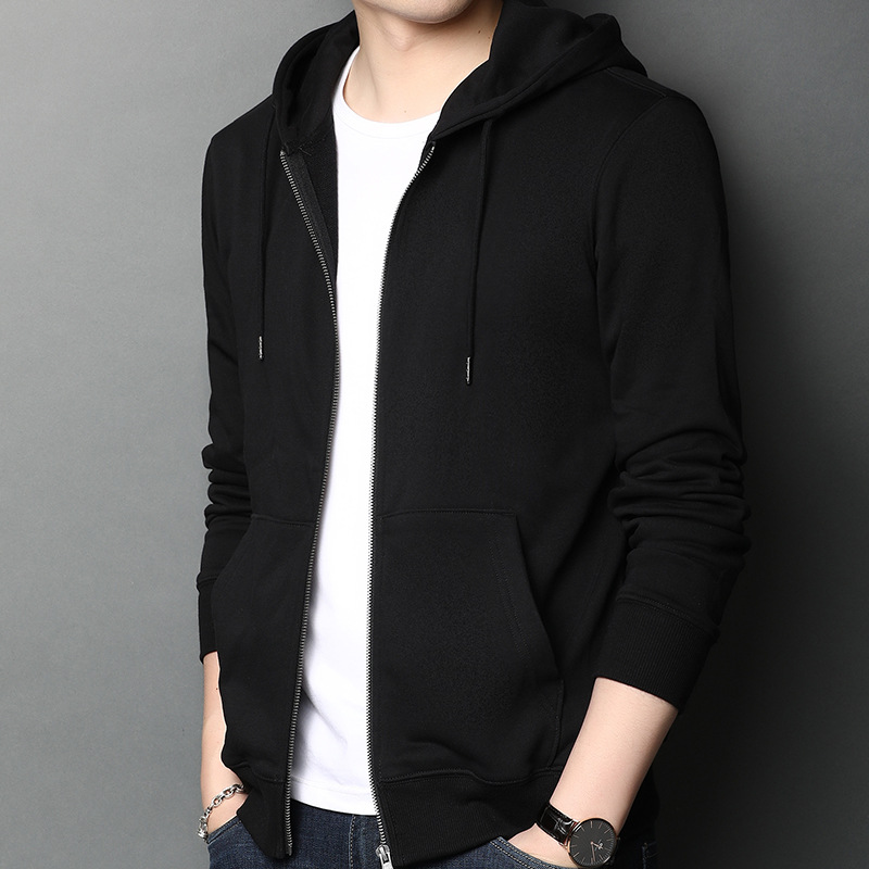 Hooded Cardigan Sweater Men's Casual Solid Color Spring and Autumn New Fashionable All-match Cotton Top Young and Middle-aged Long-sleeved T-shirt