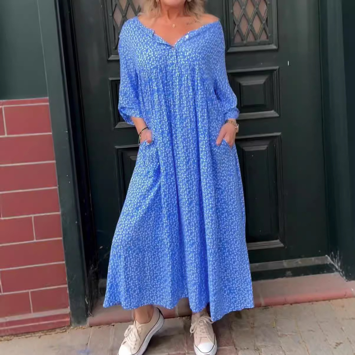 Cross-Border 2025 Amazon Independent Station Wish Autum Women's New Casual Button Floral Long-Sleeved Dress