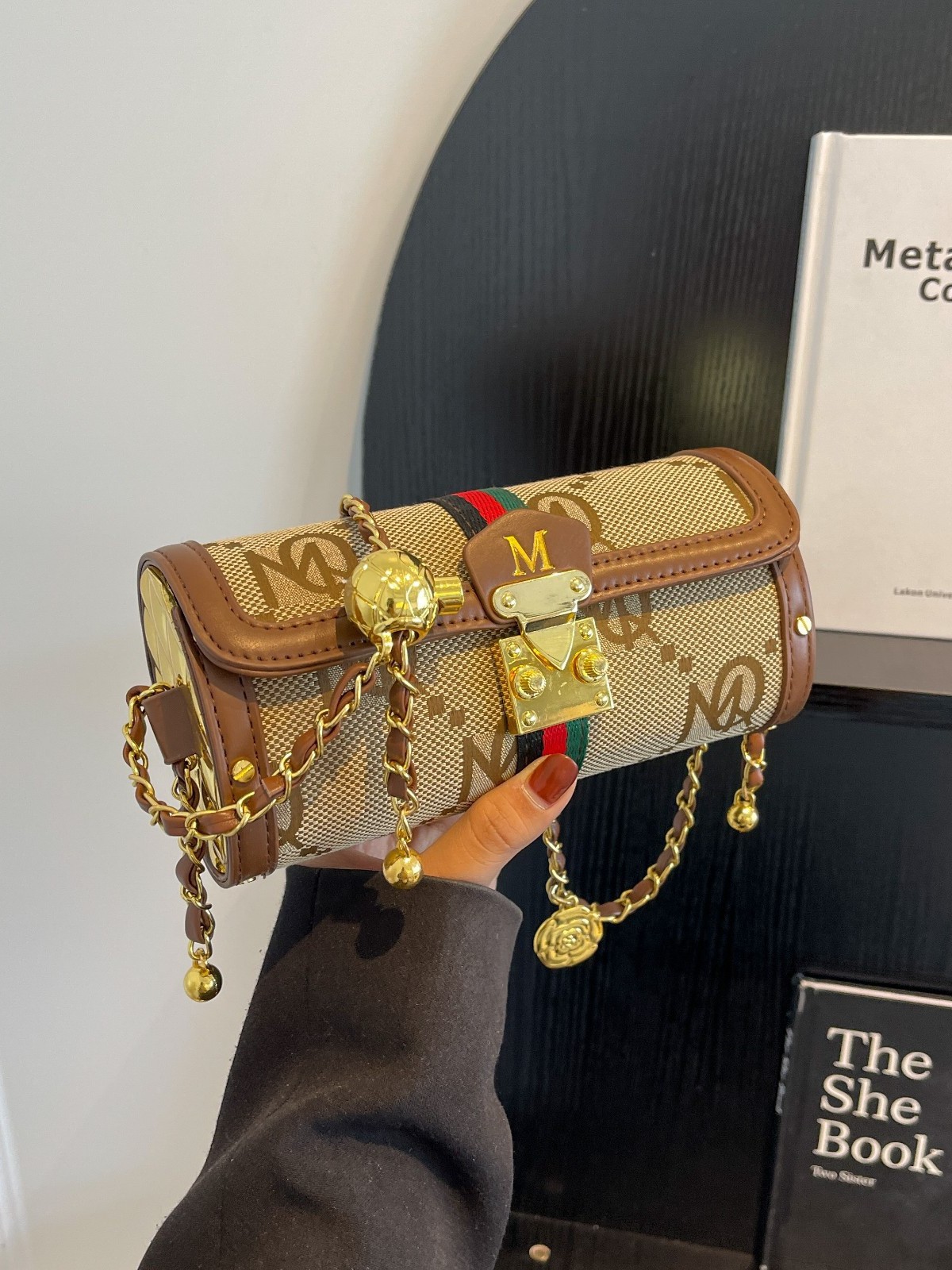 Foreign Trade Cross-border Jacquard Sail Cloth Leather Embroidered Letter Contrast Color Pen Case Armpit Baguette Bag Women's European and American Crossbody Bag