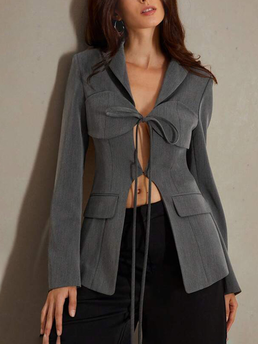 2026 New Fashion Sexy V-Neck Hollow-Out Tie-Waist Asymmetrical Splicing High-End Blazer Jacket for Women