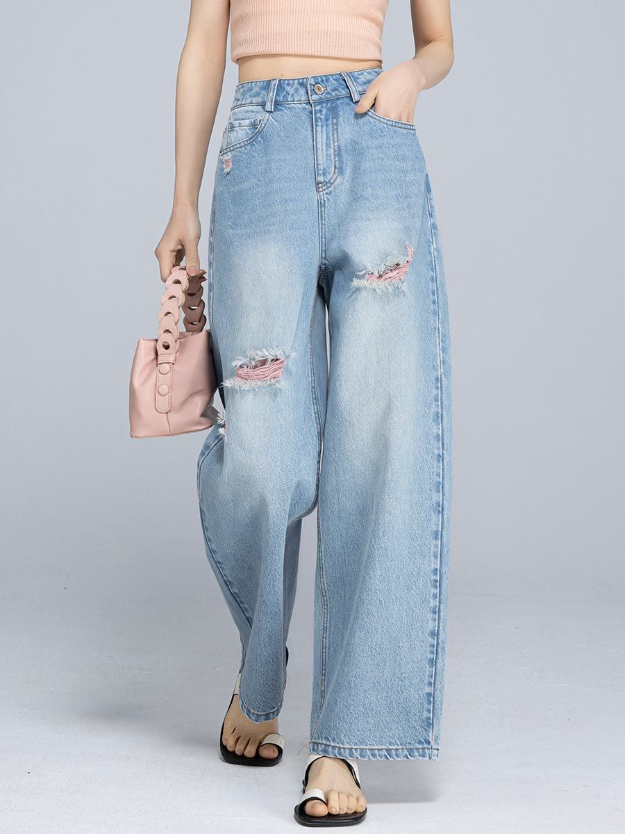 Xinge High Street Blue and Pink Ripped Jeans Women's High Waist Slimming Tensel Cotton Thin Boyfriend Style Casual Wide Leg Pants
