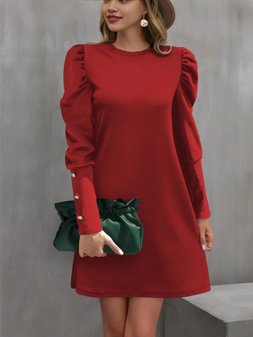 In Stock 2024 European and American Cross-Border Women's Clothing Amazon Autumn and Winter New Solid Color Round Neck Puff Long Sleeve Button Dress