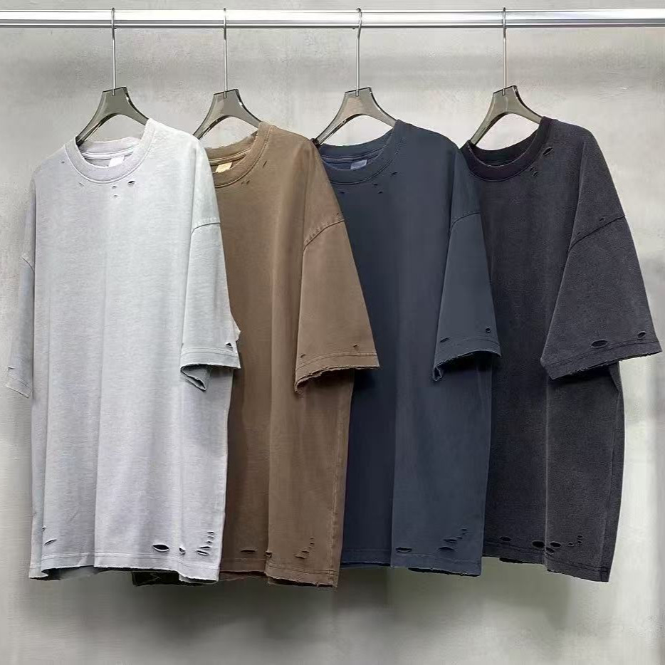 2026 Summer Heavy-Duty Distressed Short-Sleeve T-Shirt for Men 300g European and American Trendy Brand Oversize Vintage Washed and Worn-Out T-Shirt