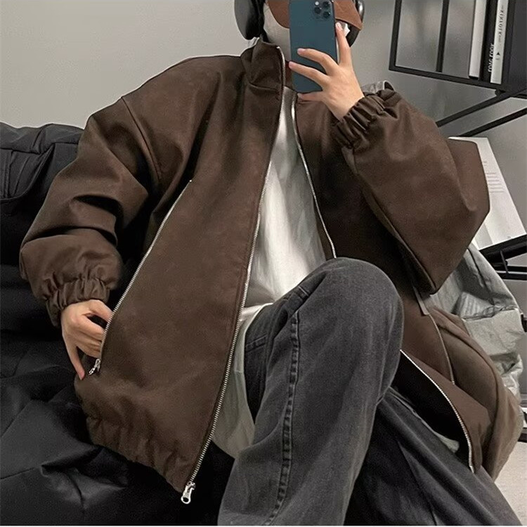 Brown Vintage Leather Jacket Men's Spring and Autumn American Style Trendy Brand Loose Casual Niche Collar PU Leather Overalls Jacket