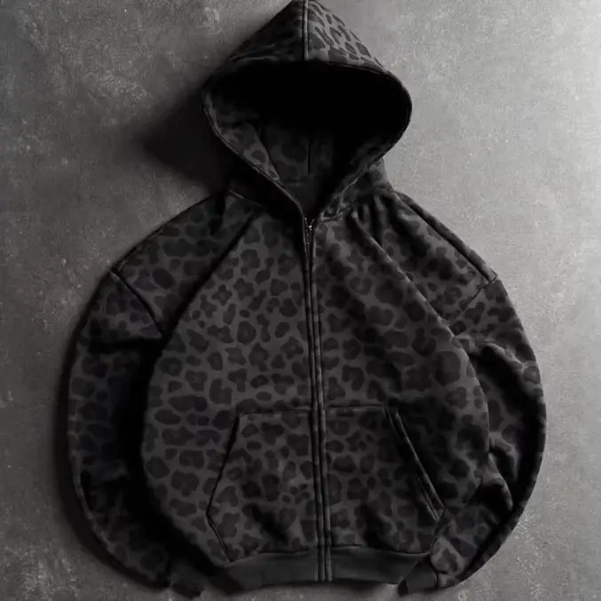 Y2k American retro leopard print 3D digital print versatile zipper hoodie dark style vintage trend hoodie
