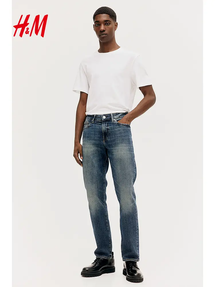 Hm Men's Jeans Summer Men's Straight-Leg Pants Dark Blue Stretch Pants 0811993