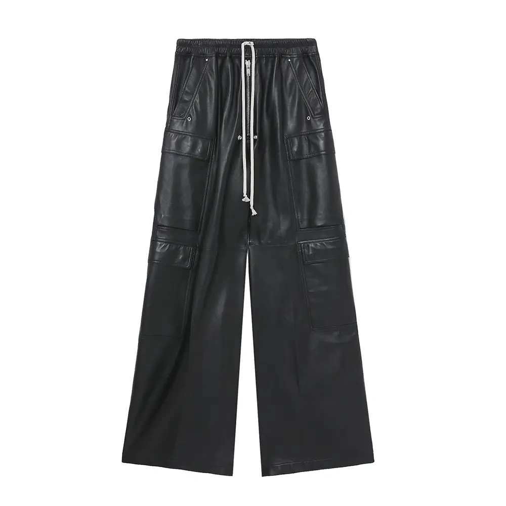 Trendmaybe'Couple Style' Sheepskin Dark Multi-Pocket Workwear Drawstring Wide-Leg Flared Loose Leather Pants
