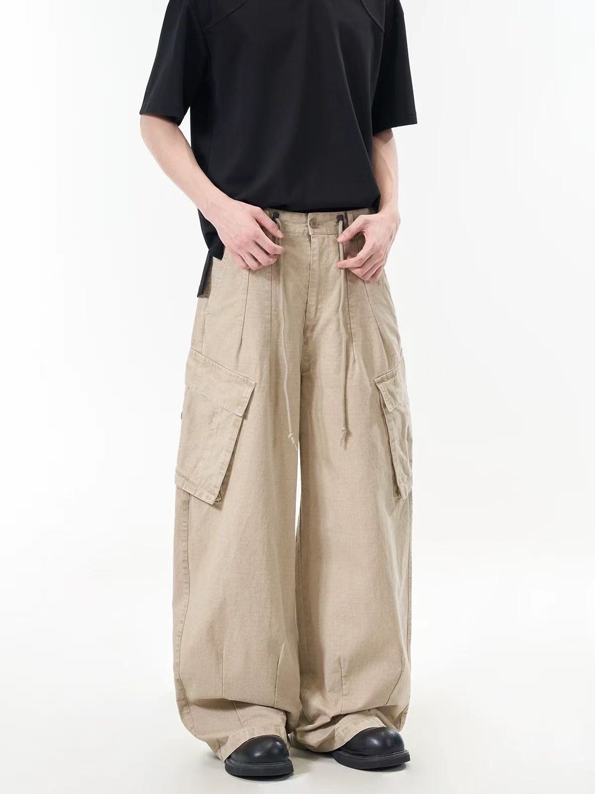 Multi-Pocket Cargo Pants for Men, American Street Style, Solid Color, Loose Fit, Casual, High-Waisted, Drawstring, Straight-Leg, Wide-Leg Long Pants