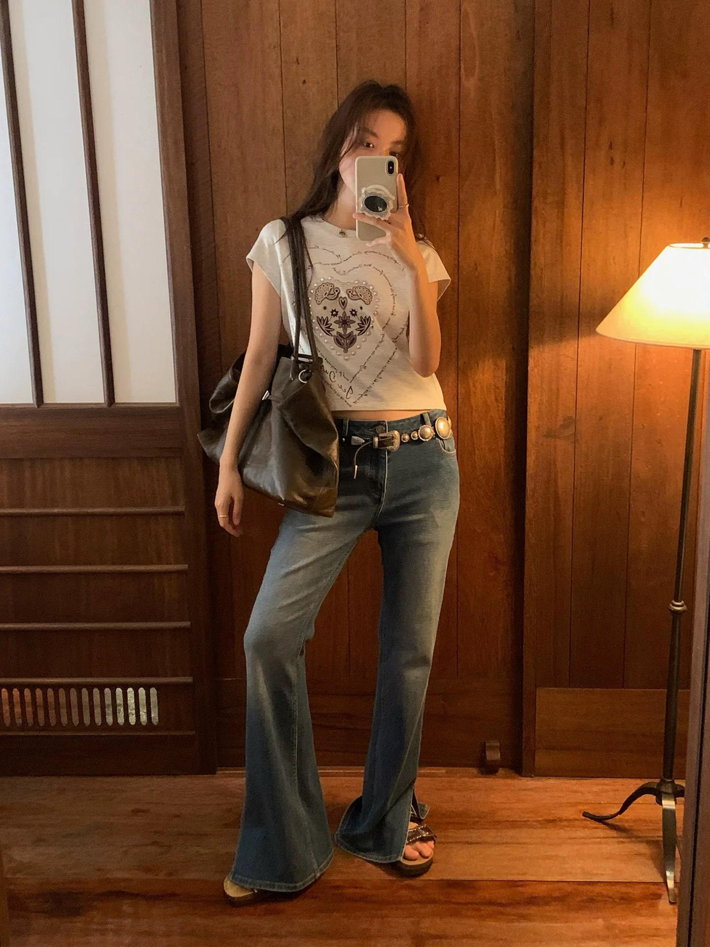 Nanyou Women's Clothing Wholesale Heavyweight Soft Denim Flared Split Casual Pants Vintage Washed Leg-Shaping Jeans