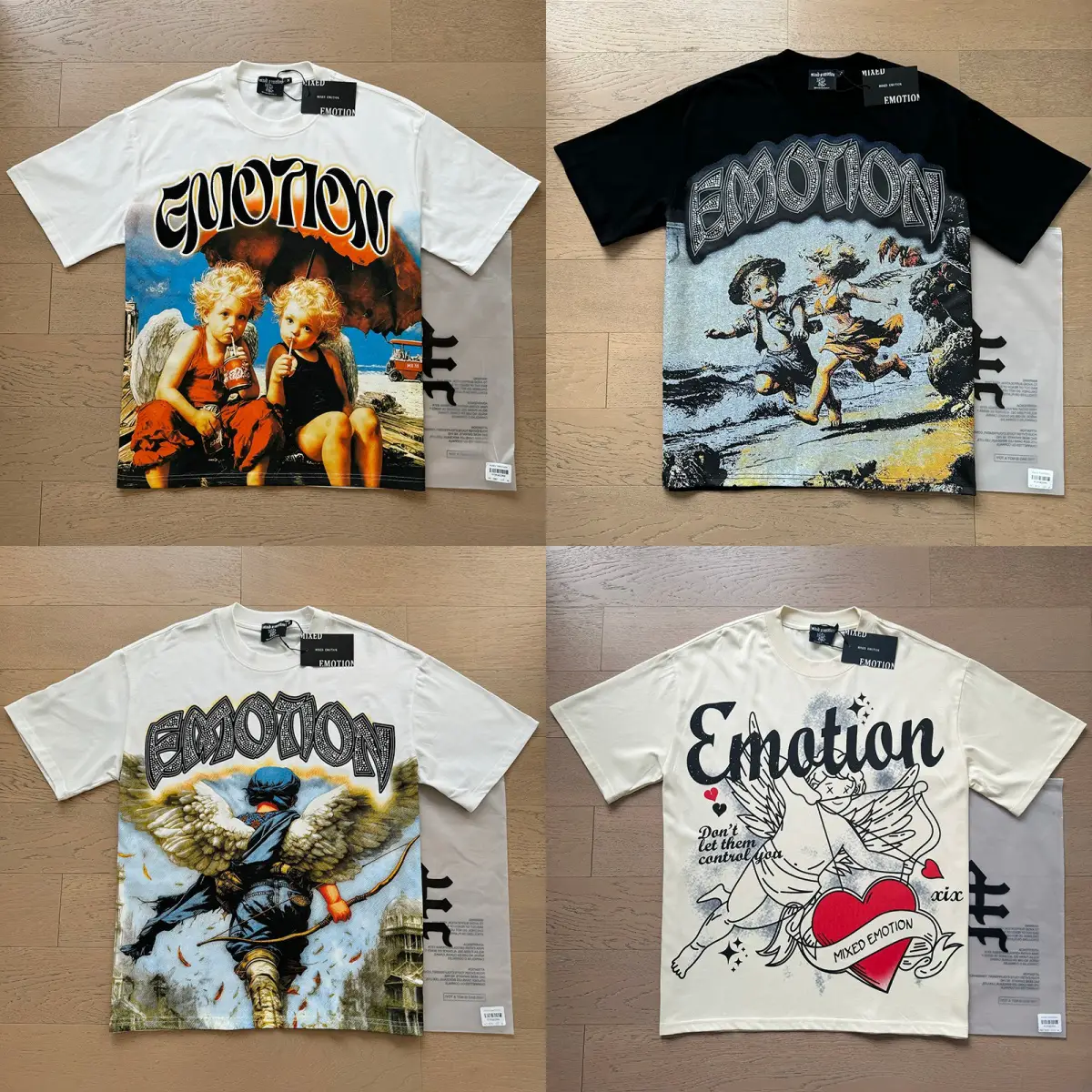 Real Shot of Mixed Emotion Trendy Retro Niche Rhinestone Loose Printed Angel High Street Pure Cotton Short-Sleeve T-Shirt