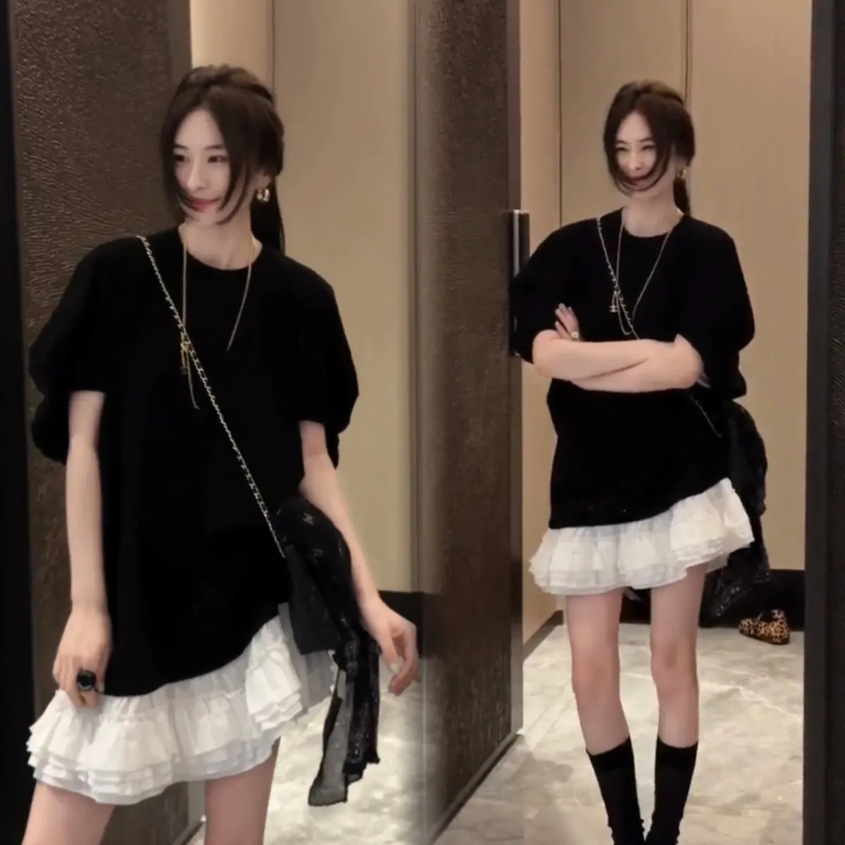French-Style Light Luxury Petite Loose Lace Patchwork Dress, New Summer Niche Casual Body-Covering Cake Dress