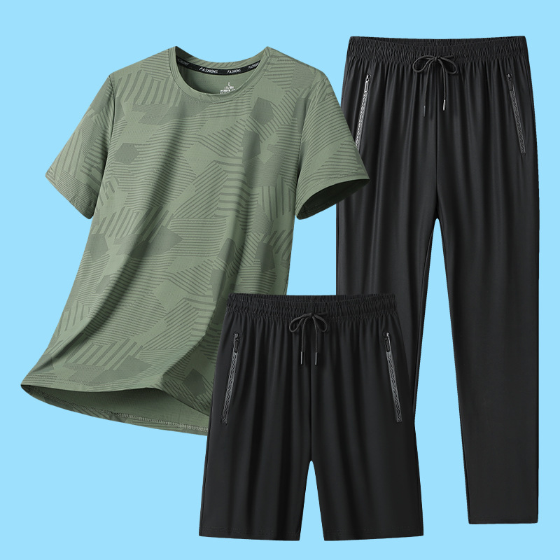 Dad's Summer Ice Silk Casual Sports Suit for Middle-Aged and Elderly Men, Three-Piece Set, Father's Day Short-Sleeve T-Shirt, Quick-Dry Long Pants
