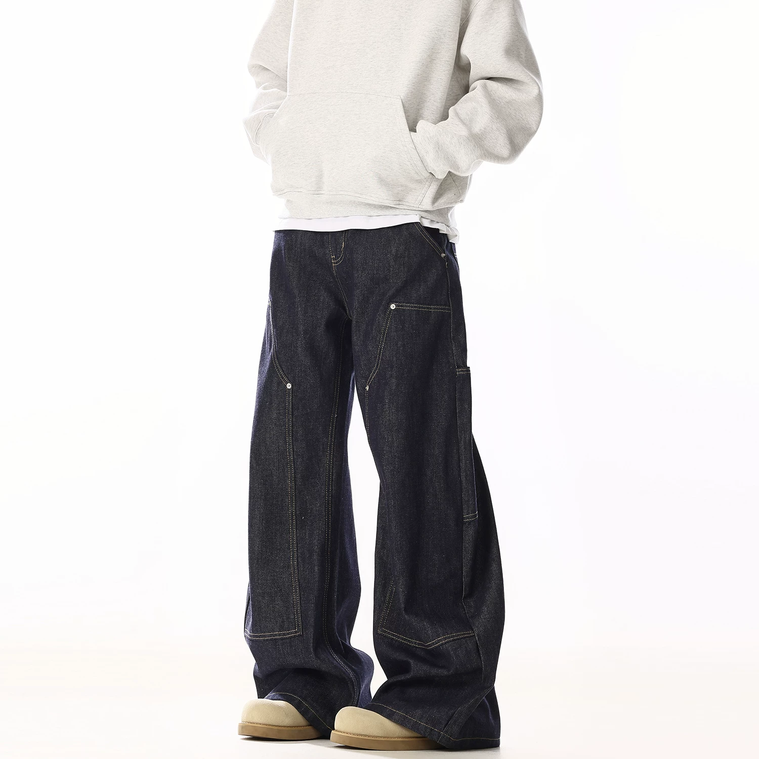 American retro original color jeans with a niche and cool design for men and women, loose and casual straight leg wide leg pants, suitable for casual work