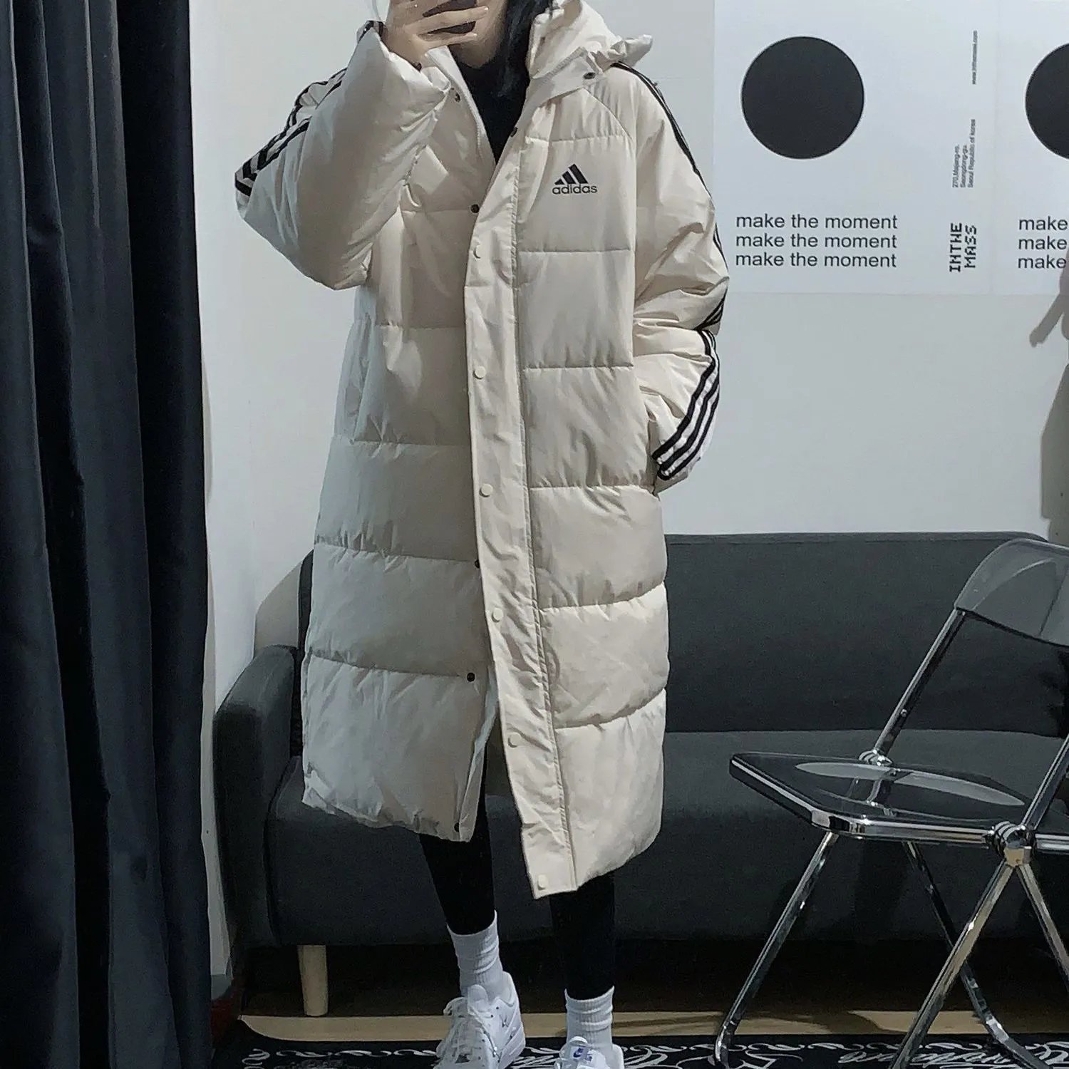 Adidas classic three-bar knee-length padded cotton-padded jacket warm hooded Korean students men and women with cotton-padded clothes ins tide [finished on December 6]]