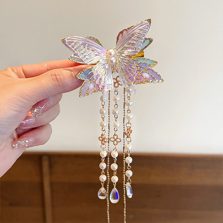High-grade Crystal Butterfly Hairpin Children's Head Half Tassel Hairpin Girls' Hanfu Headwear Side Clip