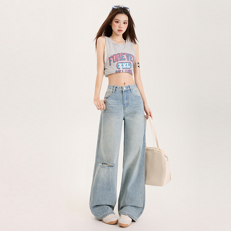 Street Design Sense Ripped Jeans Women's Spring and Summer 2025 New Straight Loose High Waist Slim Wide Leg Pants