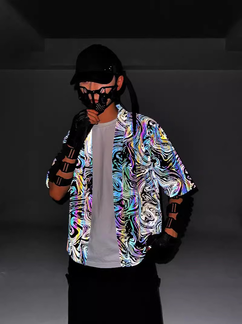 Colorful Reflective Cardigan Robe Men's and Women's Half Sleeve Loose Kimono Coat Japanese Style Retro Knitted Jacket Cloak Fashion