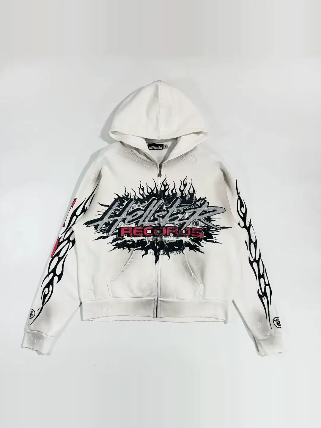 Hellstar White Records Distressed Flame Glitter European and American High Street Zipper Hoodie Jacket