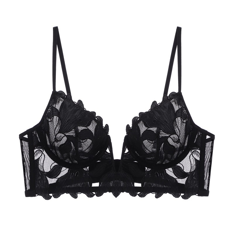 New French Style Thin Sexy Underwear Women's Deep V Embroidered Water Soluble Lace Bra Backless Bra
