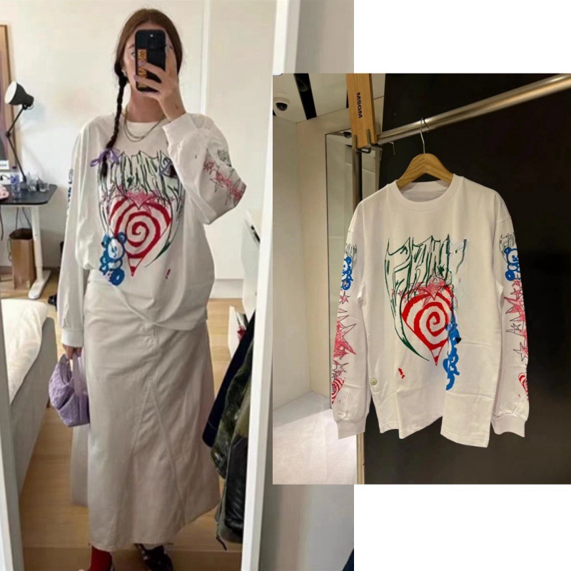 24 Early Spring Niche Design Oversized Letter Heart Bear Print Round Neck Loose Long-Sleeved T-Shirt Bottoming Shirt