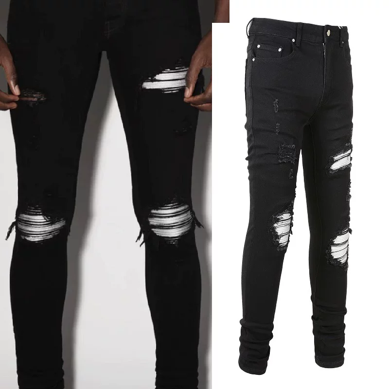 New European and American high street fashion brand patchwork silver repair program for holes, elastic slim fit, washed black jeans for men