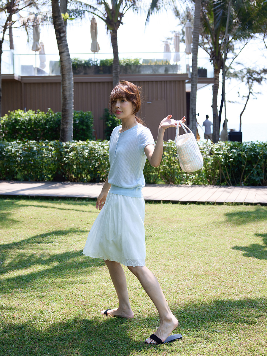 Casual Vacation Henry Collar Linen Tencel Striped Short Sleeve Knitted Top Summer New Style 20836