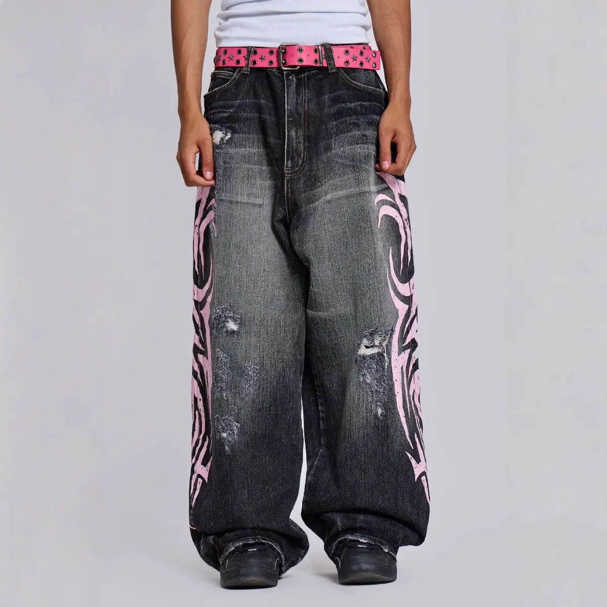 European and American Cross-Border Trendy Brand Washed Ripped Printed Jeans for Men and Women High Street Hip-Hop Straight-Leg Y2K Casual Long Pants