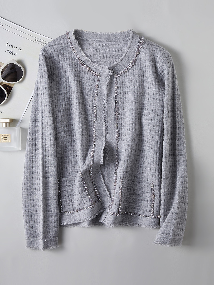 High-end beaded Chanel style silk cashmere coat elegant tassel collar fashionable all-match mulberry silk round neck top