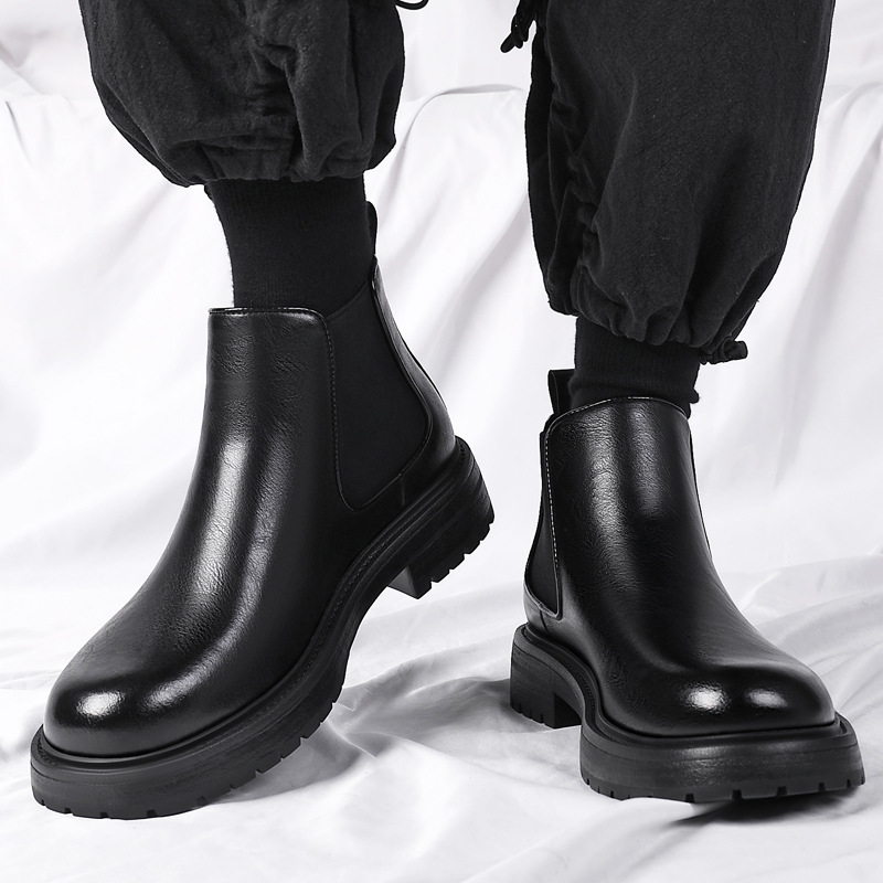 Chelsea Boots Men's Winter fleece-lined Warm Cotton Ankle Boots Genuine Leather Himney Set Foot Heightening High-Top Leather Shoes Men's Boots