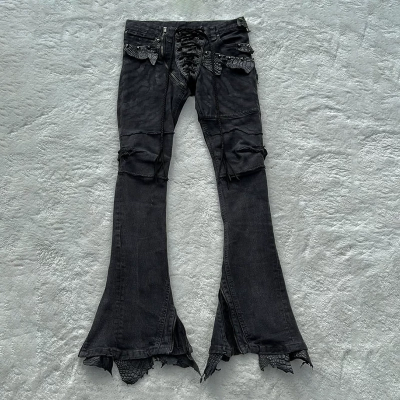 IfSixWasNine Visual Crocodile Leather Splicing Jeans Micro flared Pants Adjustable Zipper Legs