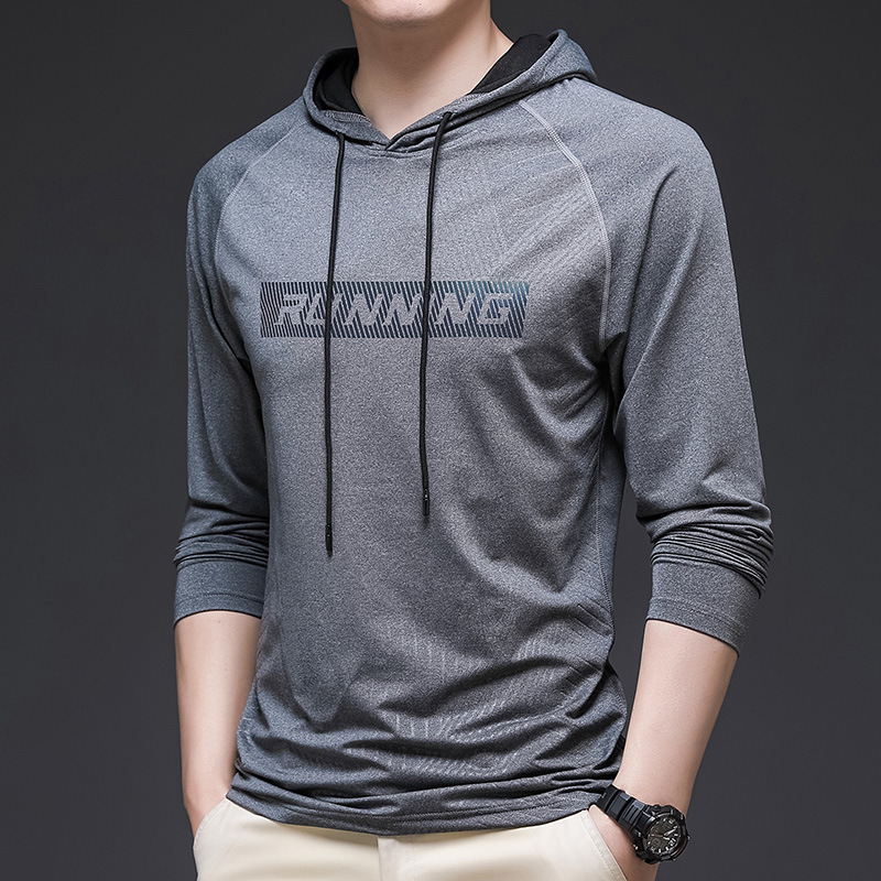 Autumn New Quick-drying Ice Silk Long-sleeved Hooded T-shirt Men's Casual Sports Elastic Fitness Outdoor T-shirt Top Men