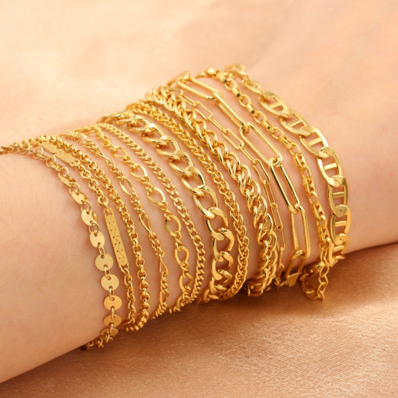 American 14K Gold-Filled Bracelet Collection, Rod between Discs, Cuban Wheat Pig Nose 3+1 Mother-In-Law 8-Character Rolling Chain Bracelet