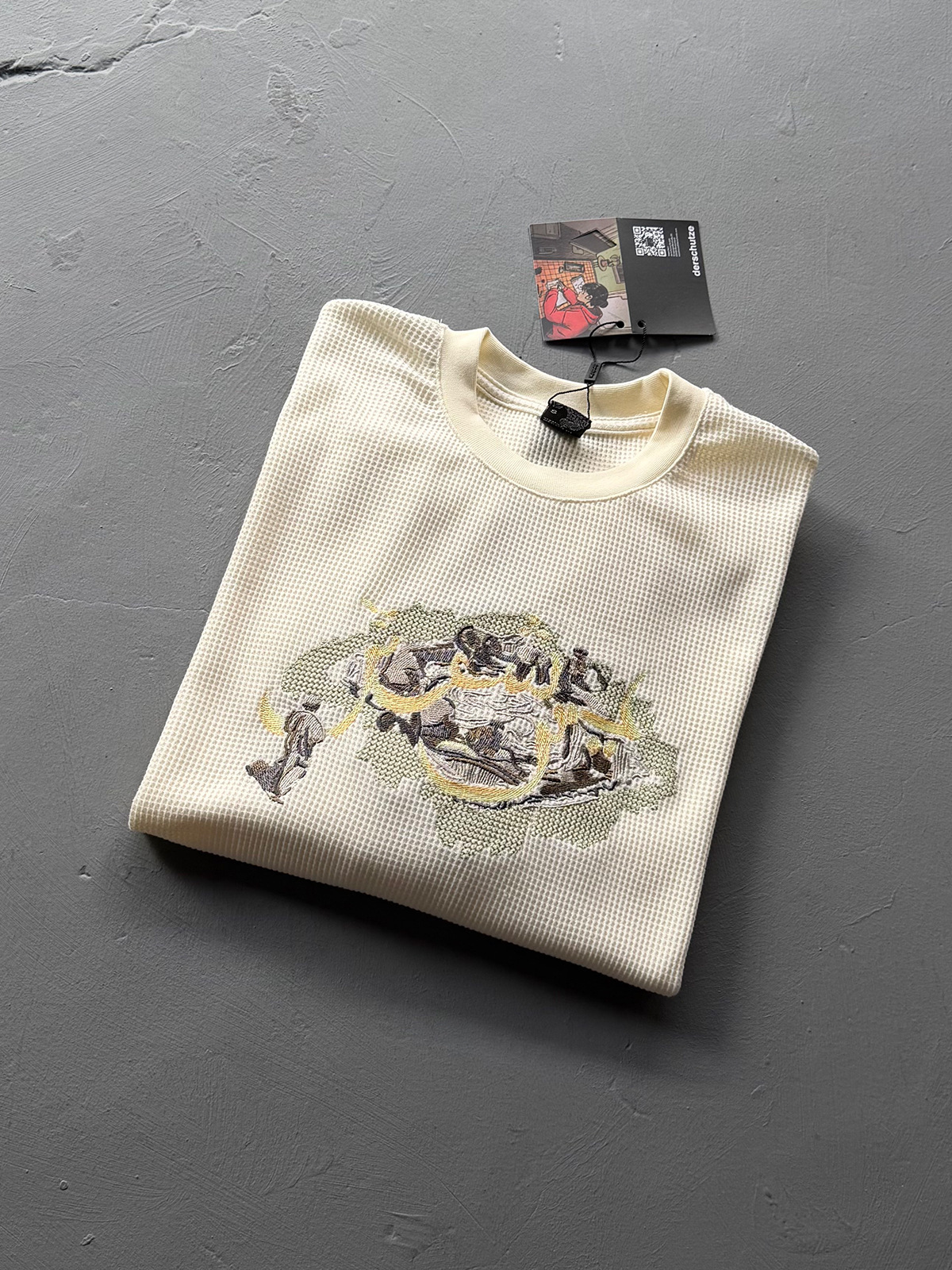 Derschutze Chrome Cool Style American Street Retro Heavy-Duty Embroidered Waffle Long-Sleeve T-Shirt