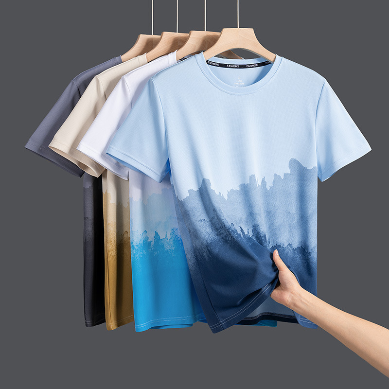 Cross-border Gradient Short-sleeved T-shirt Men's Summer Ice Silk Thin Sports Casual T-shirt Men's Trendy Half-sleeved T-shirt
