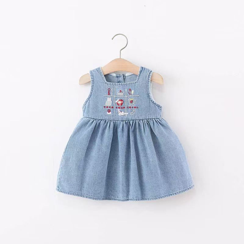 Girls Summer Dress Baby Fashionable Kidsren's Stylish Trendy Brand Korean Style Fashionable Cartoon Princess Denim Vest Dress