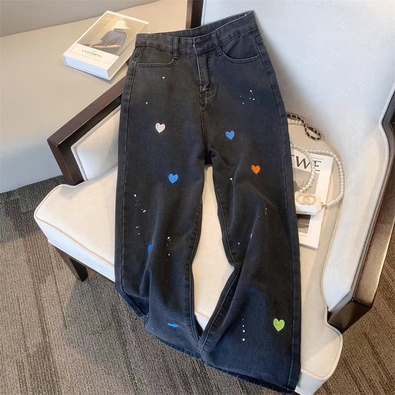 Black Grey Splash Ink Embroidered Love Jeans Women's Summer Ins New High Waist Loose All-match Straight Wide-leg Pants