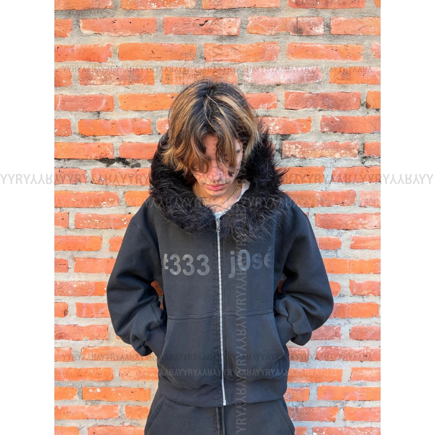 European and American Punk Camouflage Fuzzy Hat Zipper Sweatshirt and Sweatpants Set Long-Sleeve Pullover Hoodie Retro Jacket