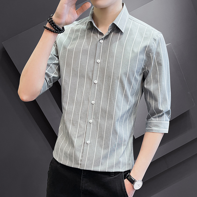 High-end sense new striped shirt men's short sleeve cropped shirt coat spring and summer business slim casual men's clothing