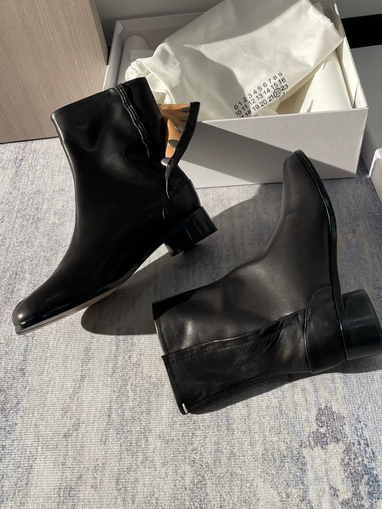 Mid-Heel Genuine Leather High-Top Short Boots, Pig's Trotters Style Men's Shoes, Tabi Split-Toe Shoes, First Layer Cowhide Horseshoe Shoes, Unisex Pig's Trotters Shoes
