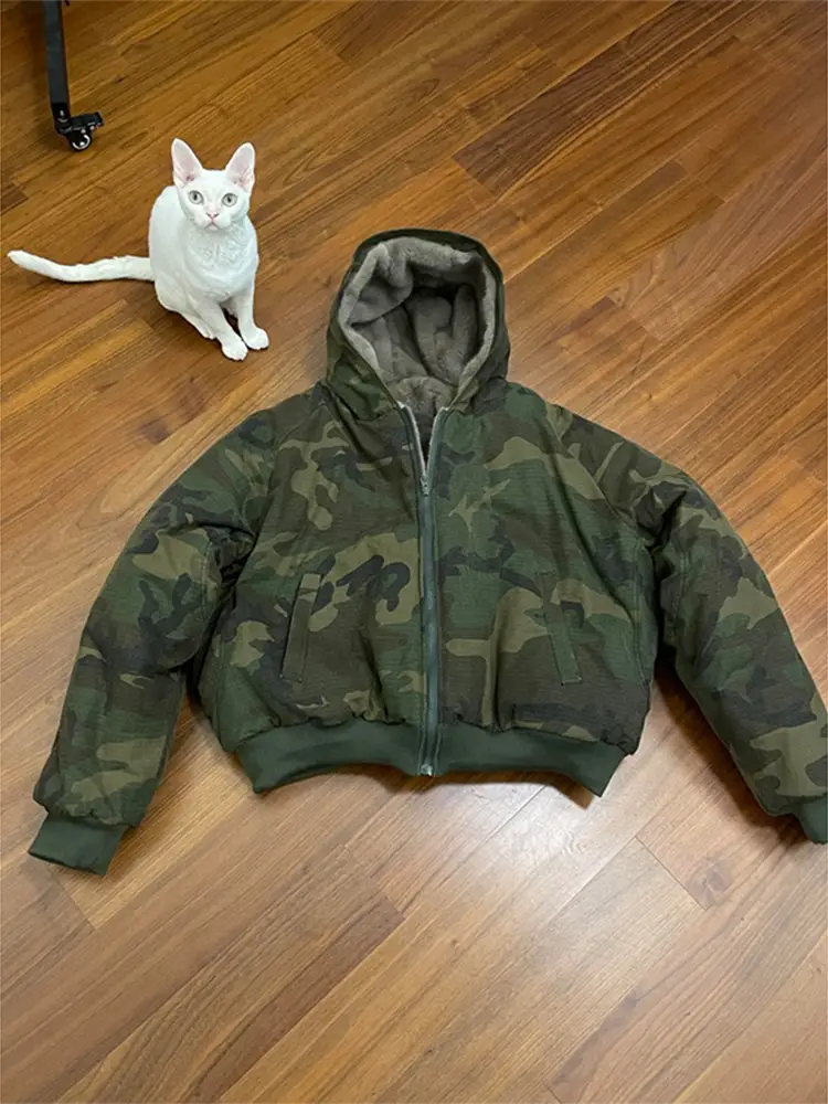 American retro camouflage hooded cotton-padded jacket Outwear Trendy Fashion Street cleanfit imitation rabbit velvet Heattech cotton-padded jacket for men