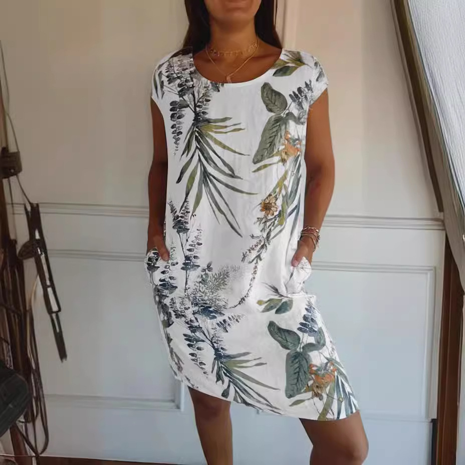 2024 European and American Spring and Summer Temu Amazon Foreign Trade Women's Cotton and Linen Textured Short-Sleeve Printed Pocket Round-Neck Dress