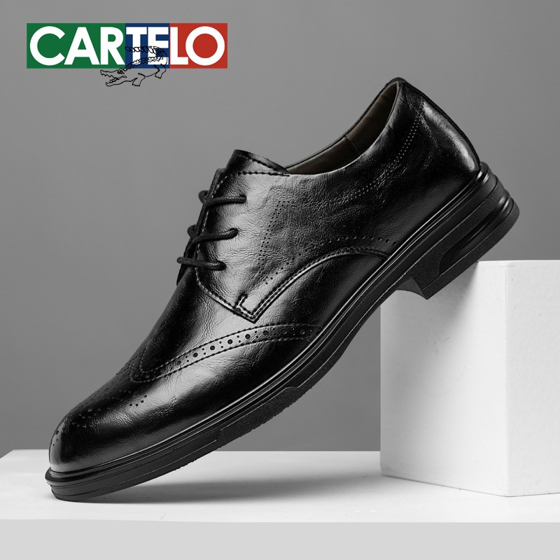 Cartelo Crocodile Men's Spring Leather Shoes Brogue Carved Soft Sole Soft Surface Business Formal Shoes Groom Wedding Shoes