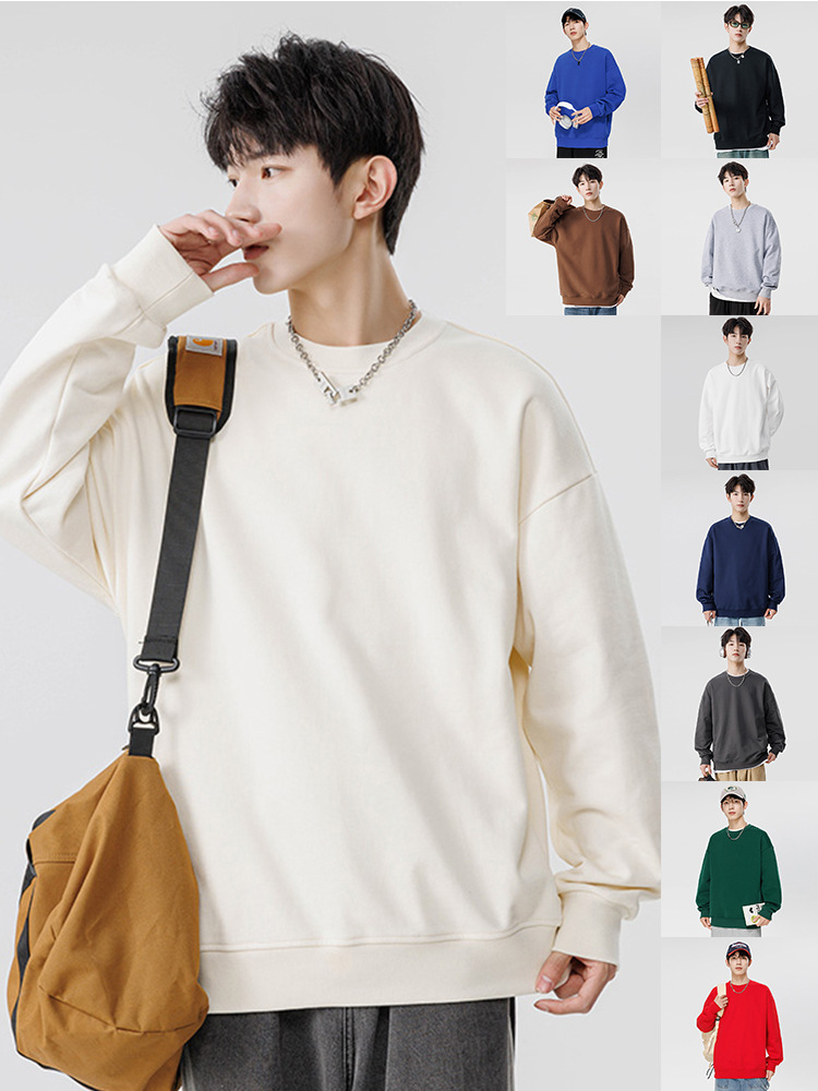 Jianheng Autumn/Winter Heavyweight 300g High-Quality Trendy Brand Sweatshirt for Men, Solid Color Basic Round Neck Casual Loose Long Sleeve for Women