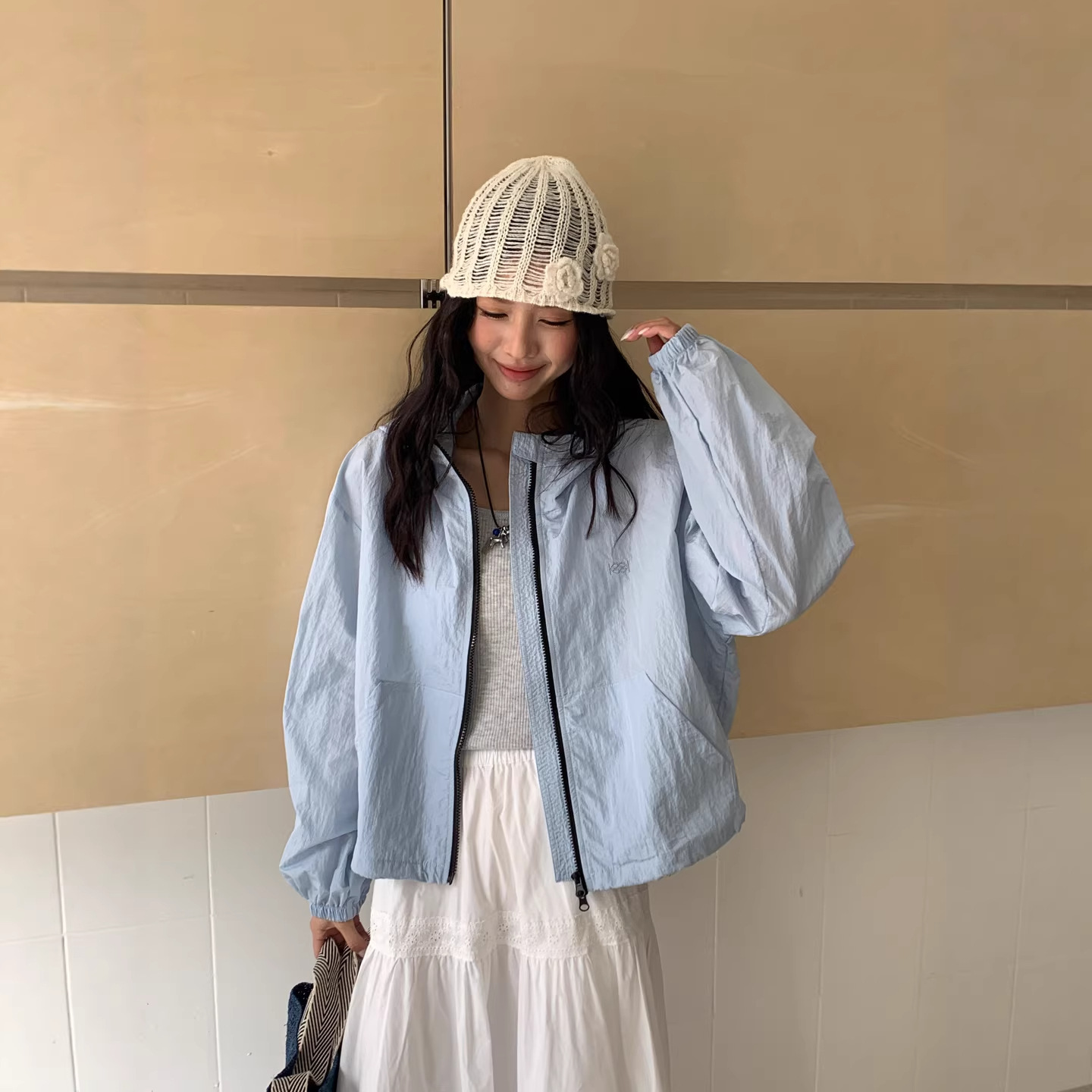 Drawstring Hooded Color-Block Zipper Long-Sleeve Fashion Sun Protection Jacket for Women, Loose and Versatile Casual Top Coat