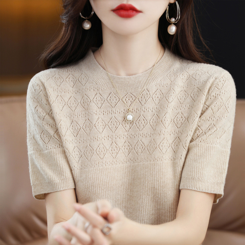 Mercerized Cotton Short-Sleeved T-Shirt for Women Summer New Round Neck Sweater Half-Sleeved Thin Cut Out Short Knitted Bottoming Top