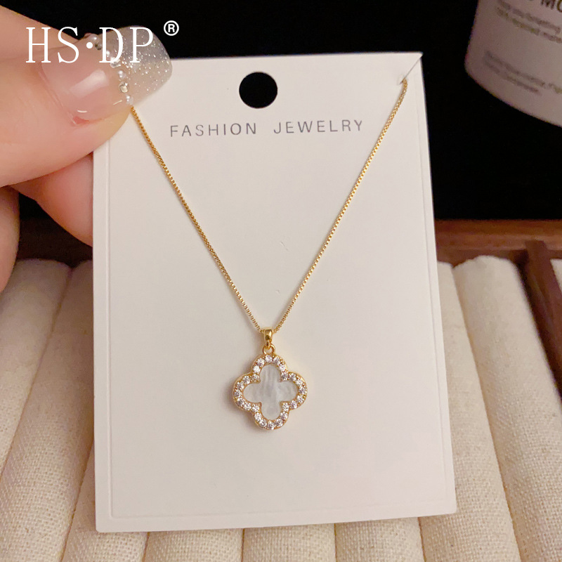 Micro-inlaid zircon double-sided four-leaf flower necklace Internet-famous personality exquisite fashion light luxury clavicle chain accessories