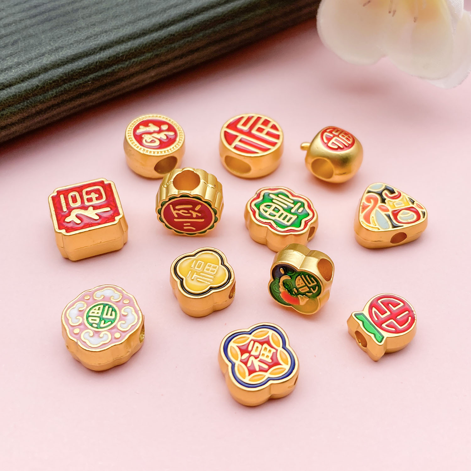 Chinese Style Ancient Matte Gold Fortune Character Spacer Beads Loose Beads DIY Beaded Bracelet Tassel Pendant Jewelry Accessories